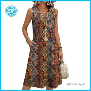 Sleeveless V-Neck Midi Dress Casual Summer Beach Vacation Sundress with Pockets